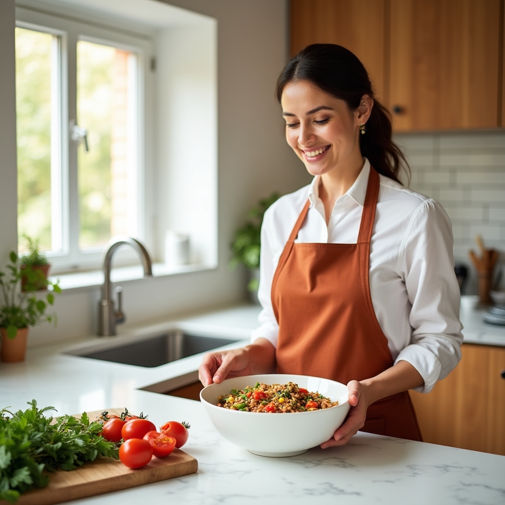 Женщина готовит сбалансированный обед из свежих овощей на современной кухне