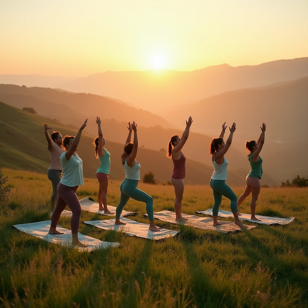 Медитация и здоровый образ жизни — вид с воздуха на практику йоги в природе