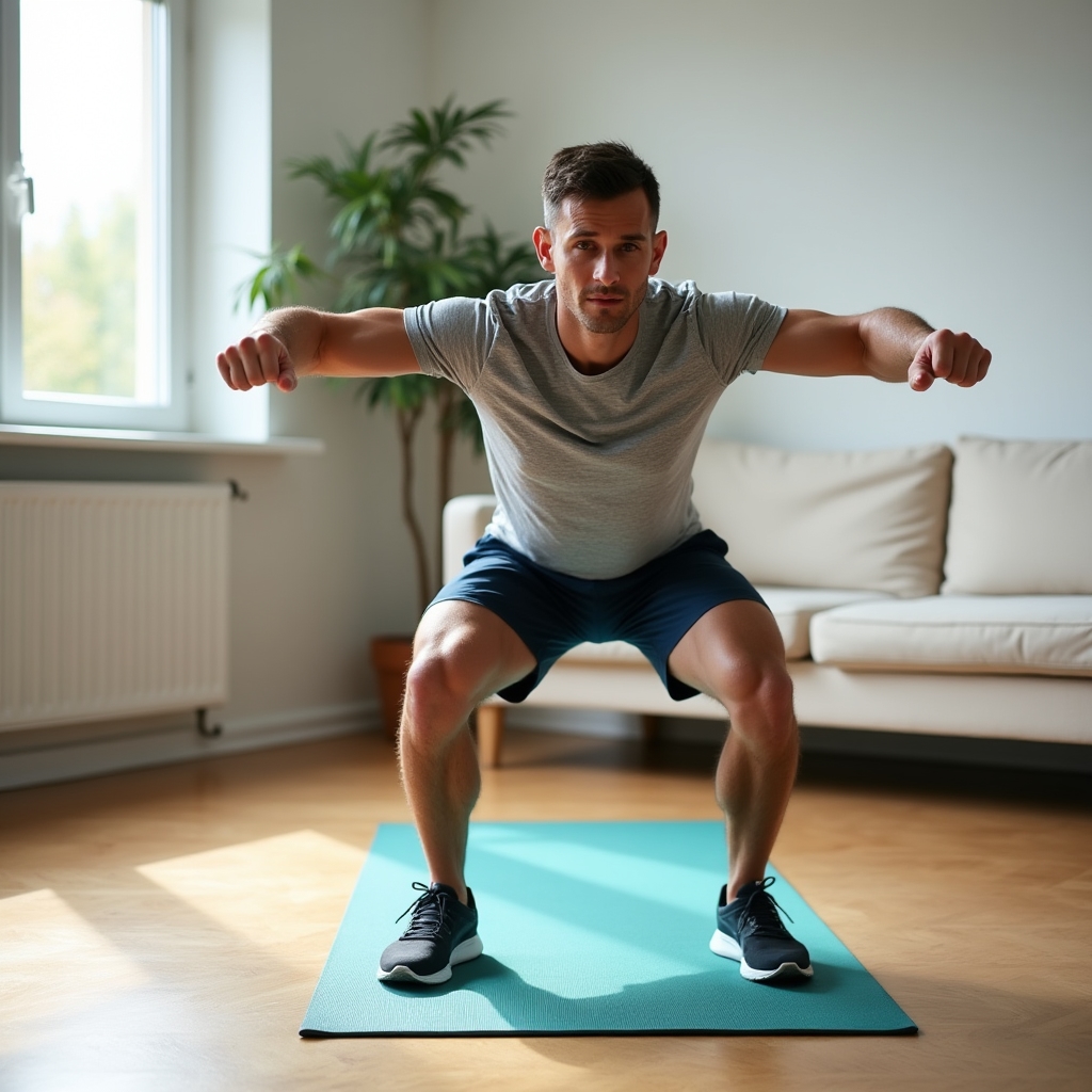 Мужчина выполняет упражнения на коврике для йоги в светлой домашней обстановке
