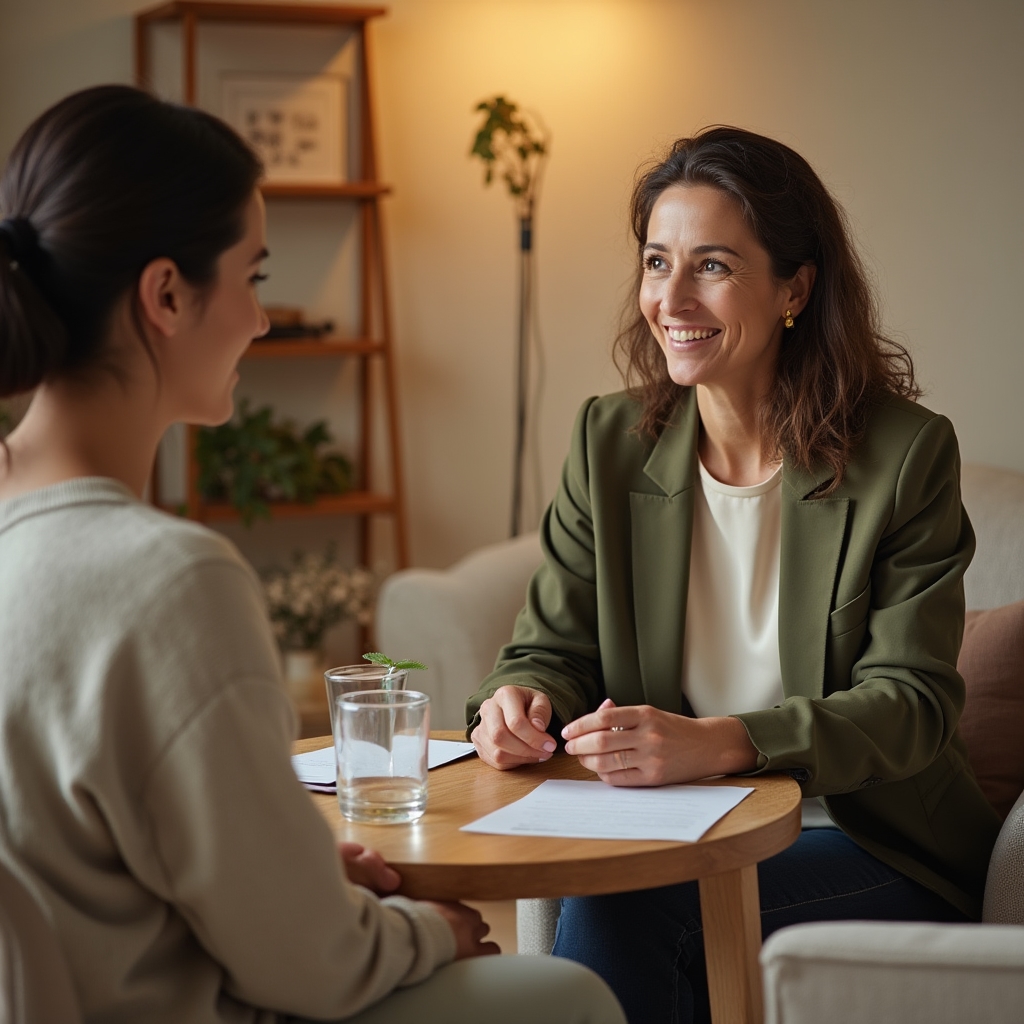 Специалист по здоровому образу жизни беседует с клиентом в уютном офисе, обсуждая персональный план