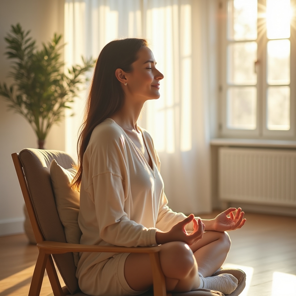 Женщина медитирует в утреннем свете у большого окна в минималистичной комнате