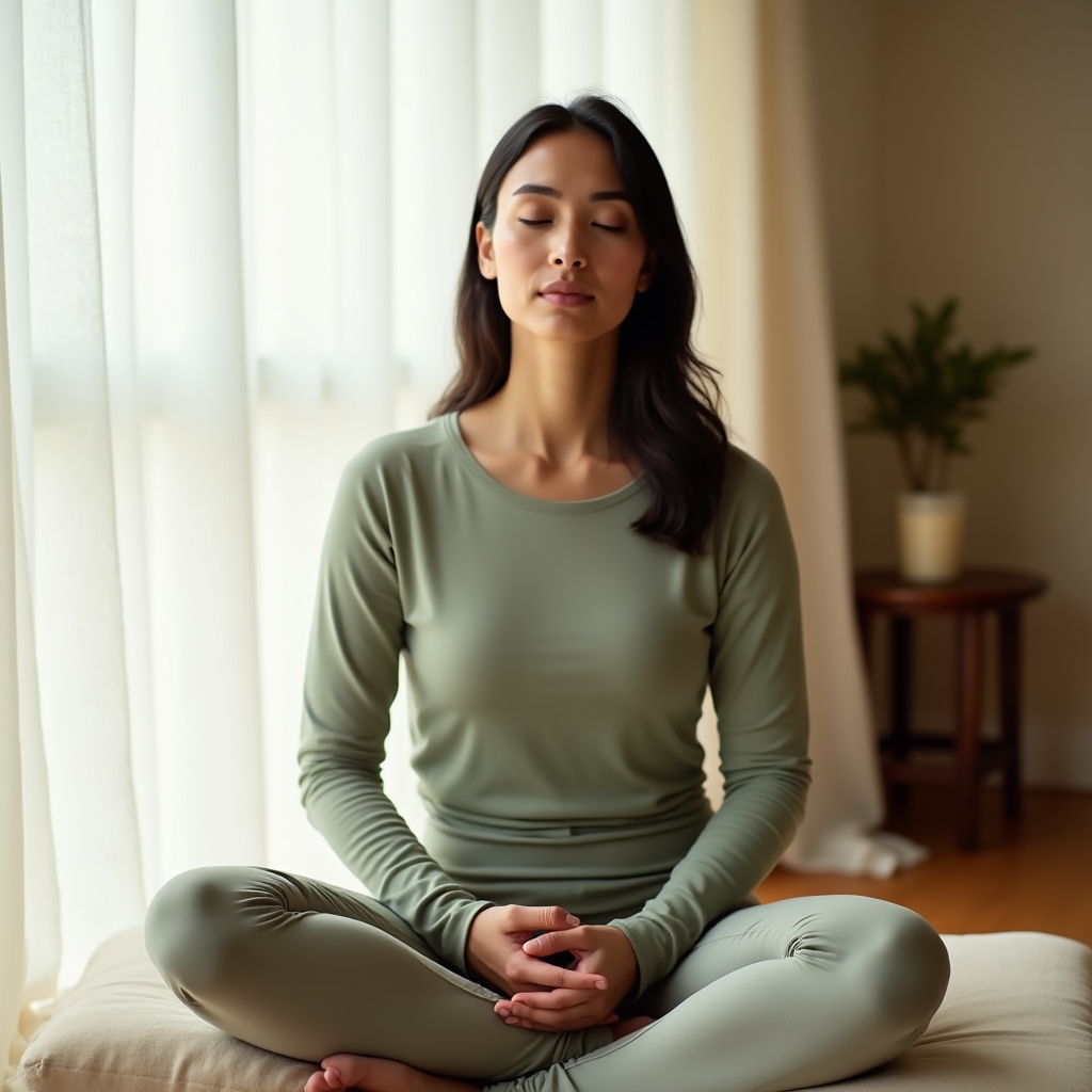 Женщина медитирует в спокойной домашней обстановке с закрытыми глазами