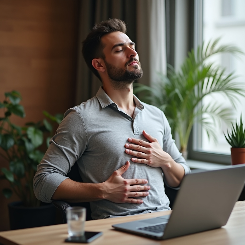 Молодой мужчина практикует дыхательные упражнения для снятия стресса у окна