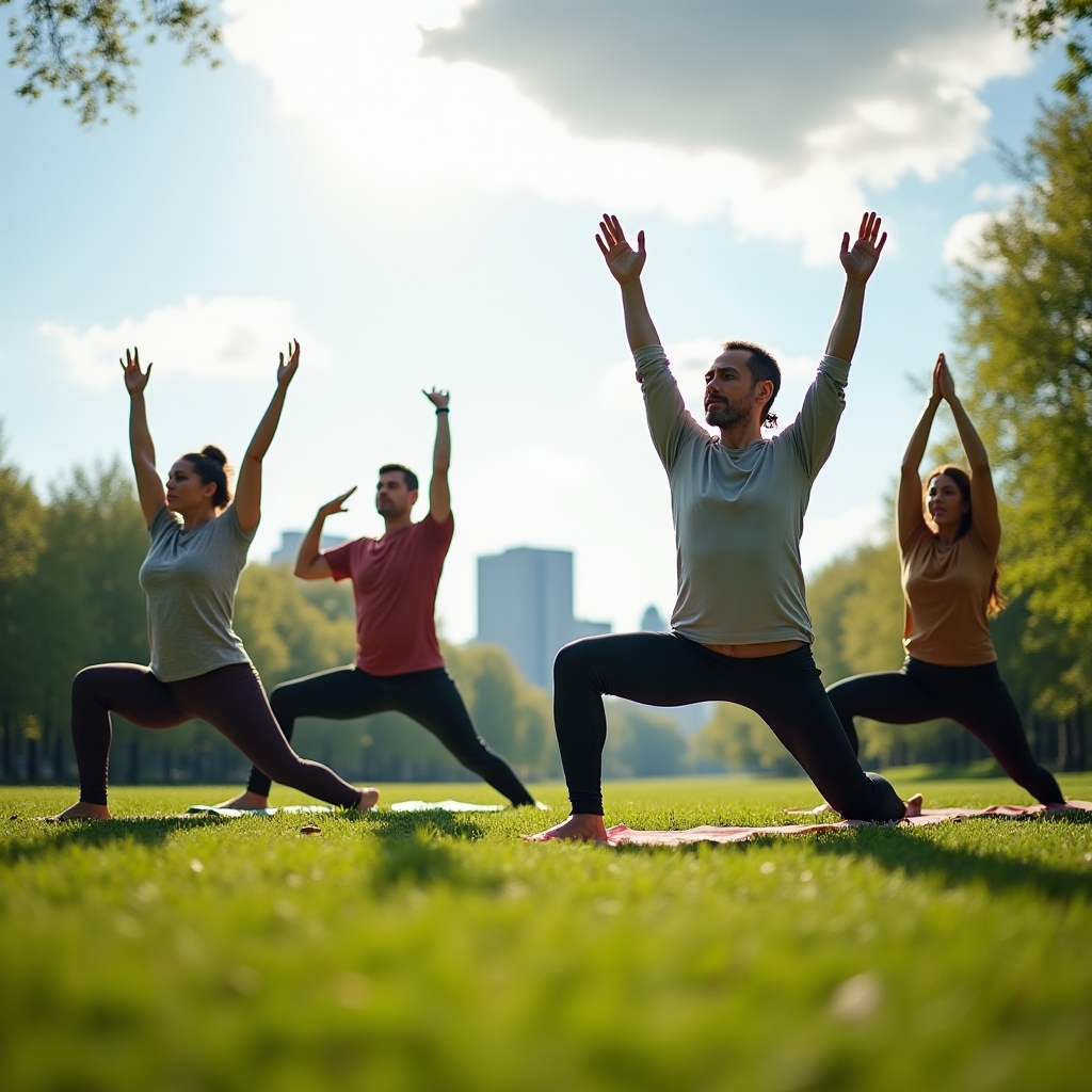 Групповое занятие йогой на свежем воздухе в парке ранним утром